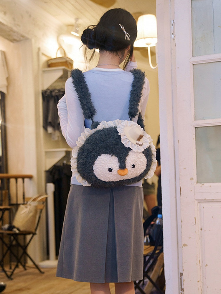 Backpack Gray Plush Penguin-shaped Trim Lace
