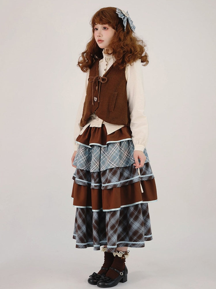 Length Blue Ruffles Tea Tiered Sweet Brown Skirt Plaid Lolita