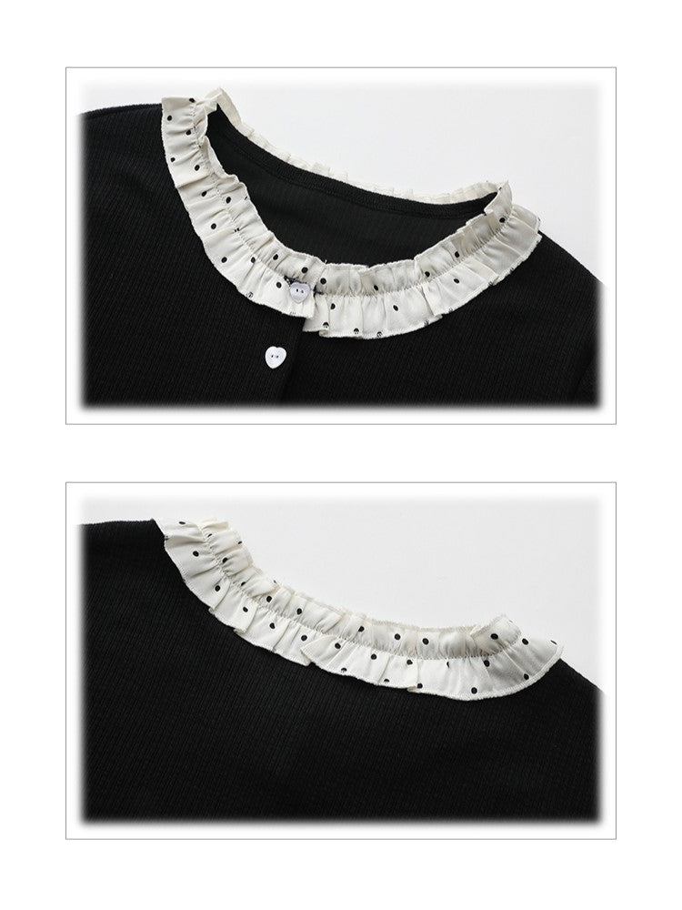 Plus Dot Buttons Cardigan with Polka Size Heart Trim Black Ruffle