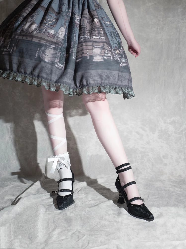 Gothic Black Pointed Toe Lace 8.5cm High Heels Multiple Buckle Straps