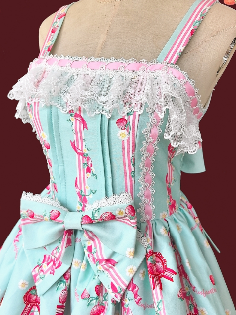 shaped Dress Print Pink Lolita with Strawberry Sweet Blue Trim Heart JSK Lace