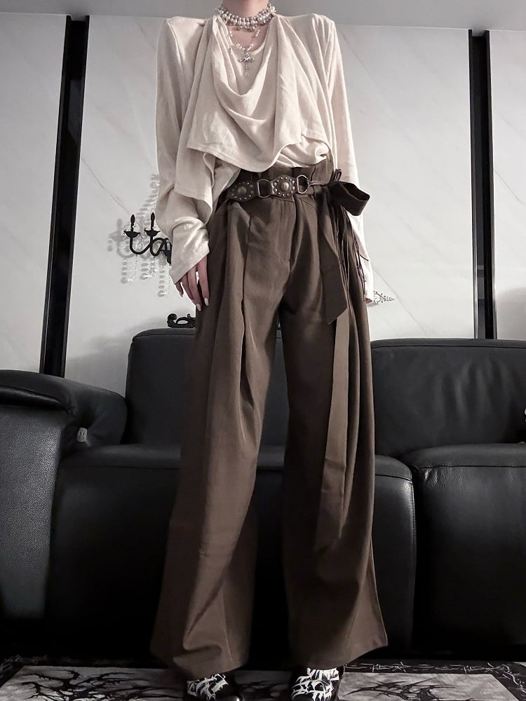 Self-tie Pants Prince Belt with Brown/Gray Wide-leg