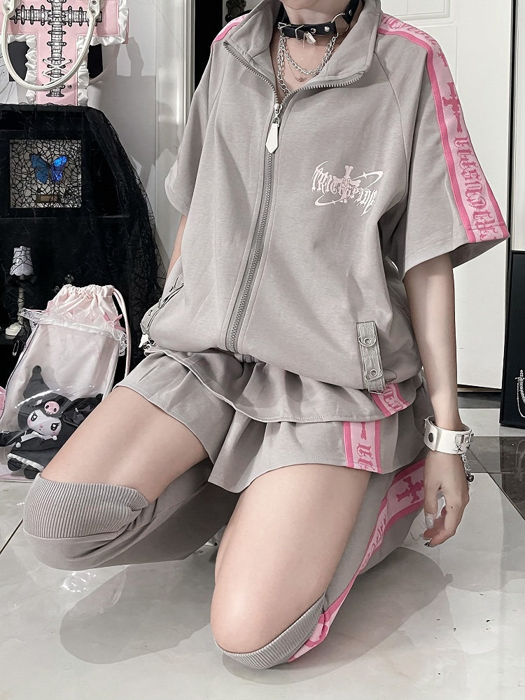 with Trim Cross Ruffle Multi-Layer Skirt Pink Text Gray