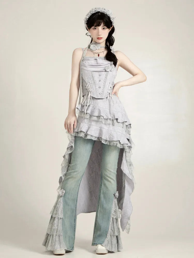 Gray Layered Lace Patch Cuffs Blue Fishtail Jeans