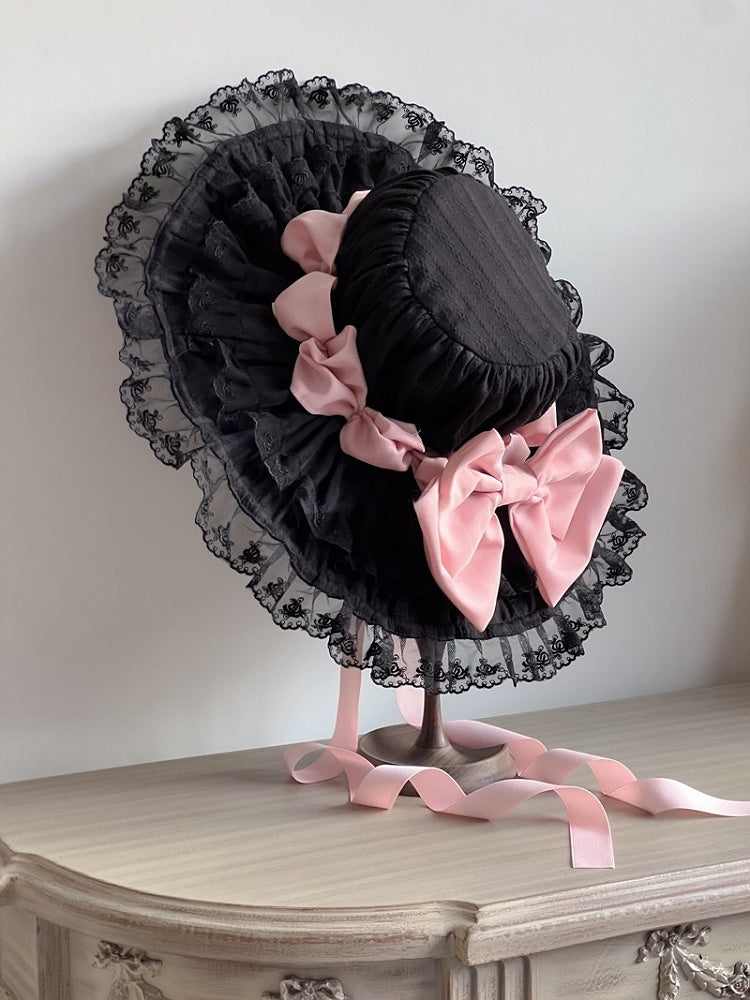 Pink Adorned Bowknots Ruffled Hat Lolita Black with