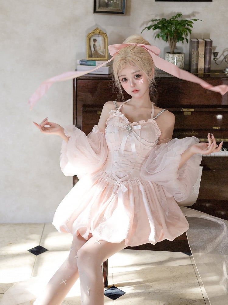 Princess Pink Bow Jacquard Ballet Train Dress + Big Sleeves Lolita Tulle Puff