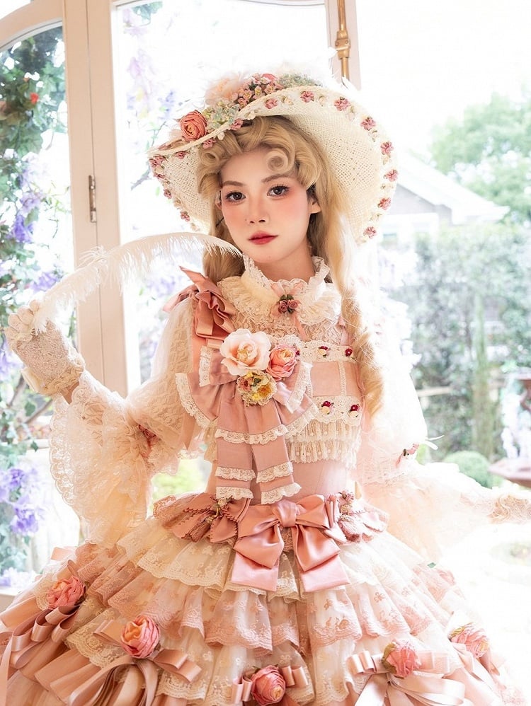 Lolita Straw and Wide-Brimmed Feather Hat Beige Flower Embellished