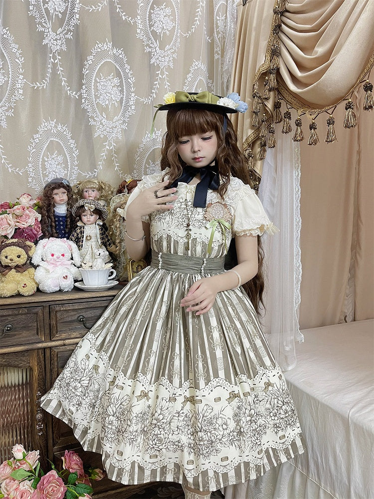 Print Skirt Version Jumper Clock Classic Brown Floral and Short Lolita
