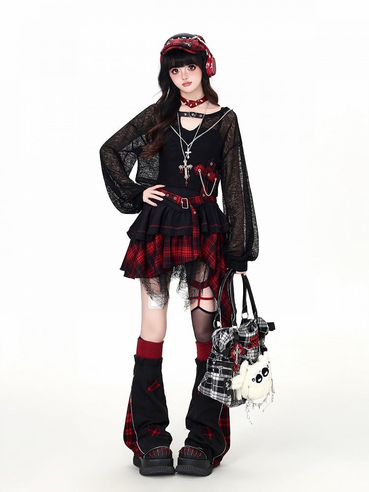 Plaid Star Leg Warmers with Zipper Accents - CRAZY GIRL