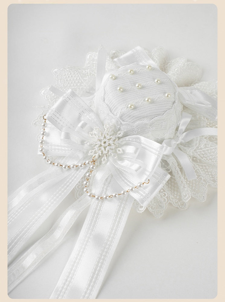 シロロリータ ホワイト ビッグリボン レーストリム スノーフレーク ミニハット ビーズチェーン付き