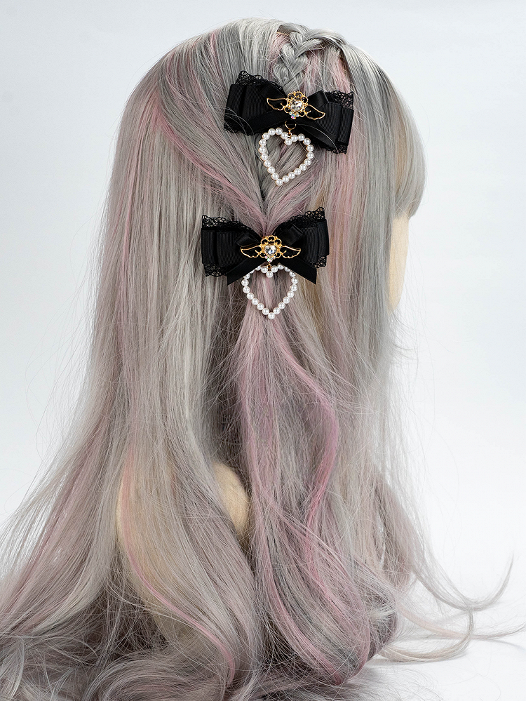 Red Pink/Wine Bow with Heart Rhinestone Angel-Inspired Jirai Lace Kei Hairclips Charms Black/Dusty