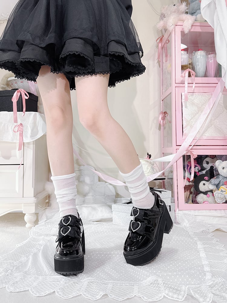 Polished Black Jirai Kei Rhinestone Heart Bowknots Velcro Strap Closures Landmine Style Platform Shoes