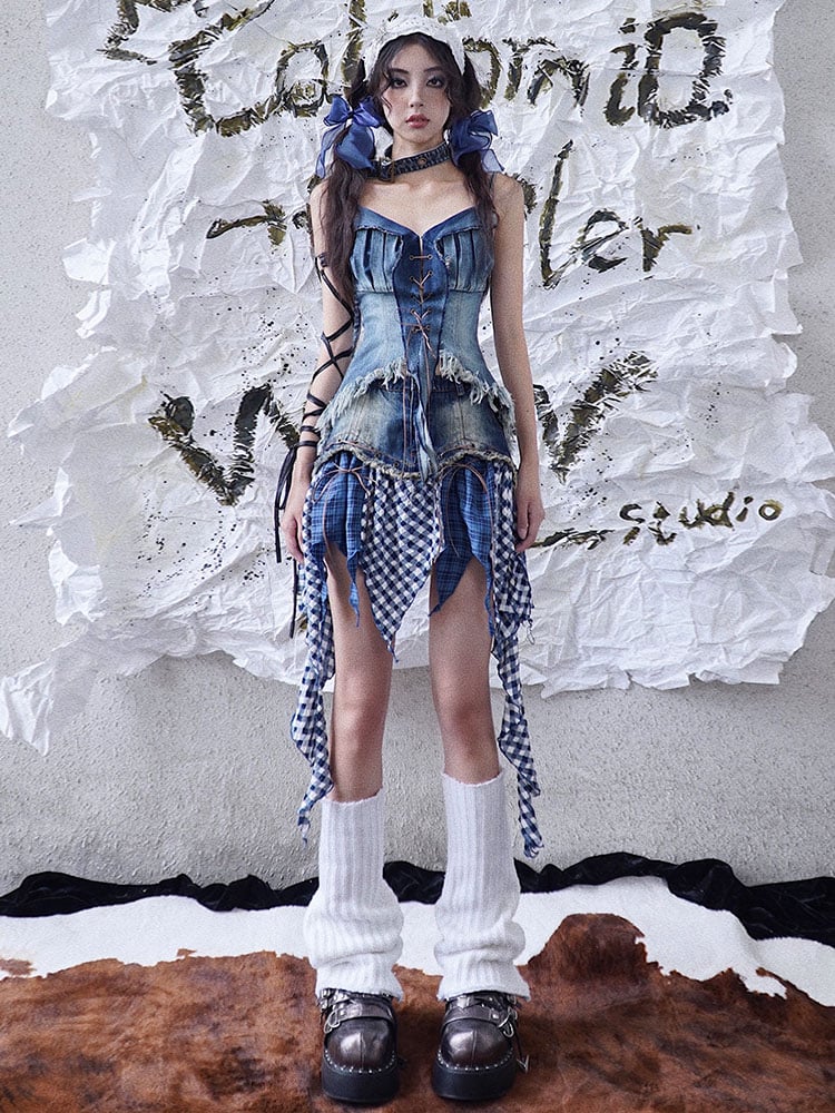 Punk Denim Patchwork Skirt with Lace-Up Plaid Asymmetrical Hem Blue