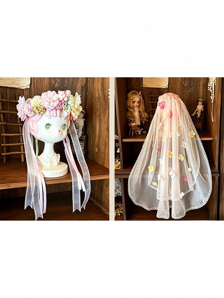 Pink and Green Floral Crown with Veil, Lolita - Sweetheart Macaron Lolita