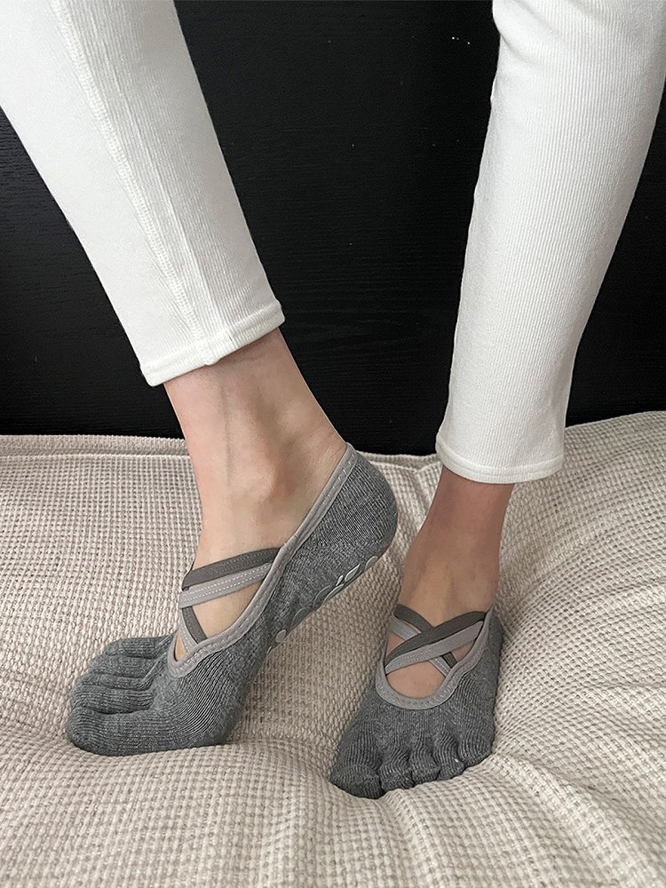 Non-Slip Colors) Five-Toe Yoga Criss-Cross Straps (2 Socks with