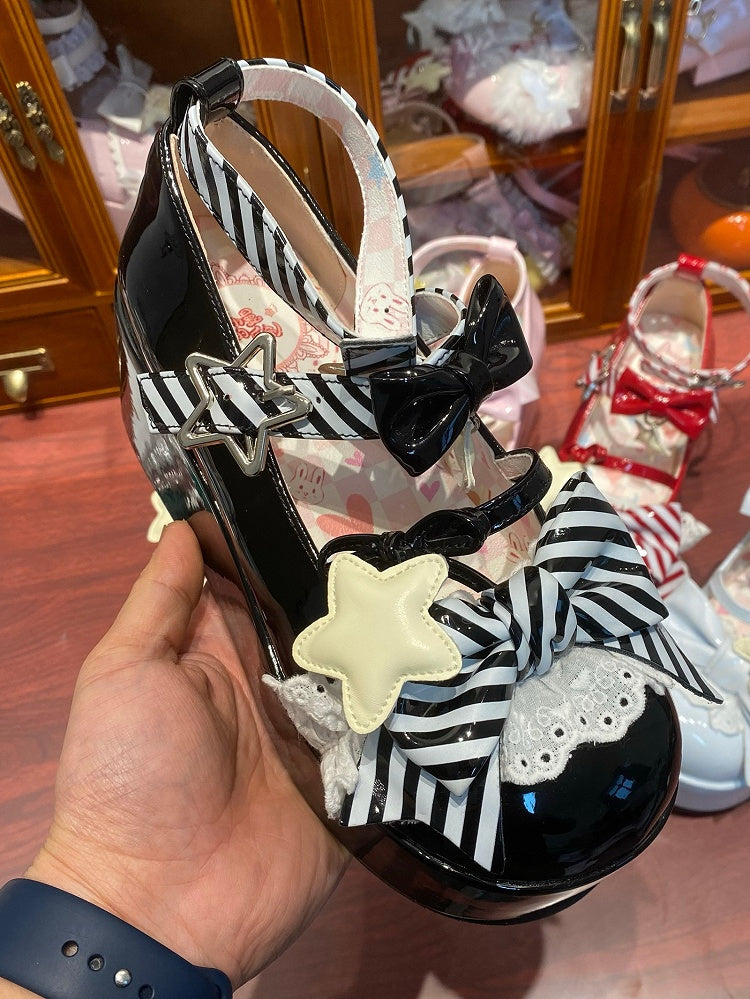 Details Buckle Lolita Pattern Star Platforms Bowknot Black Straps Striped