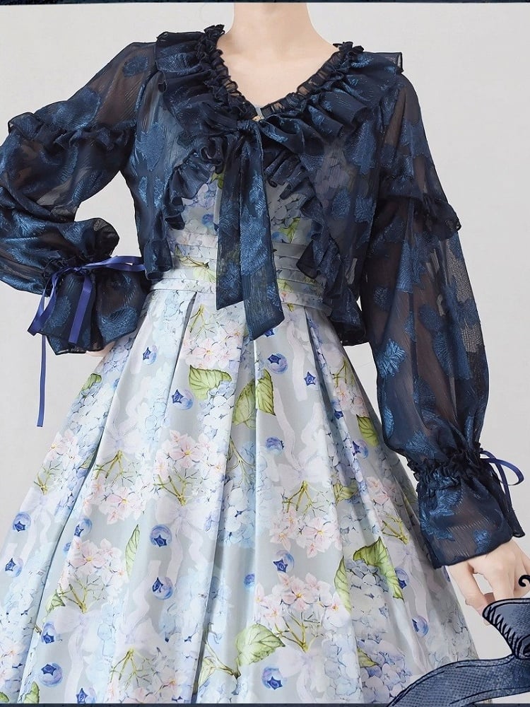 Navy Blue Balloon Sleeve Adjustable Cuff Jacket with Ruffle & Bow