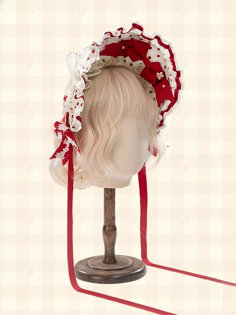 White/Black/Pink Lolita with Polka-dot Bows Bonnet Red/Red