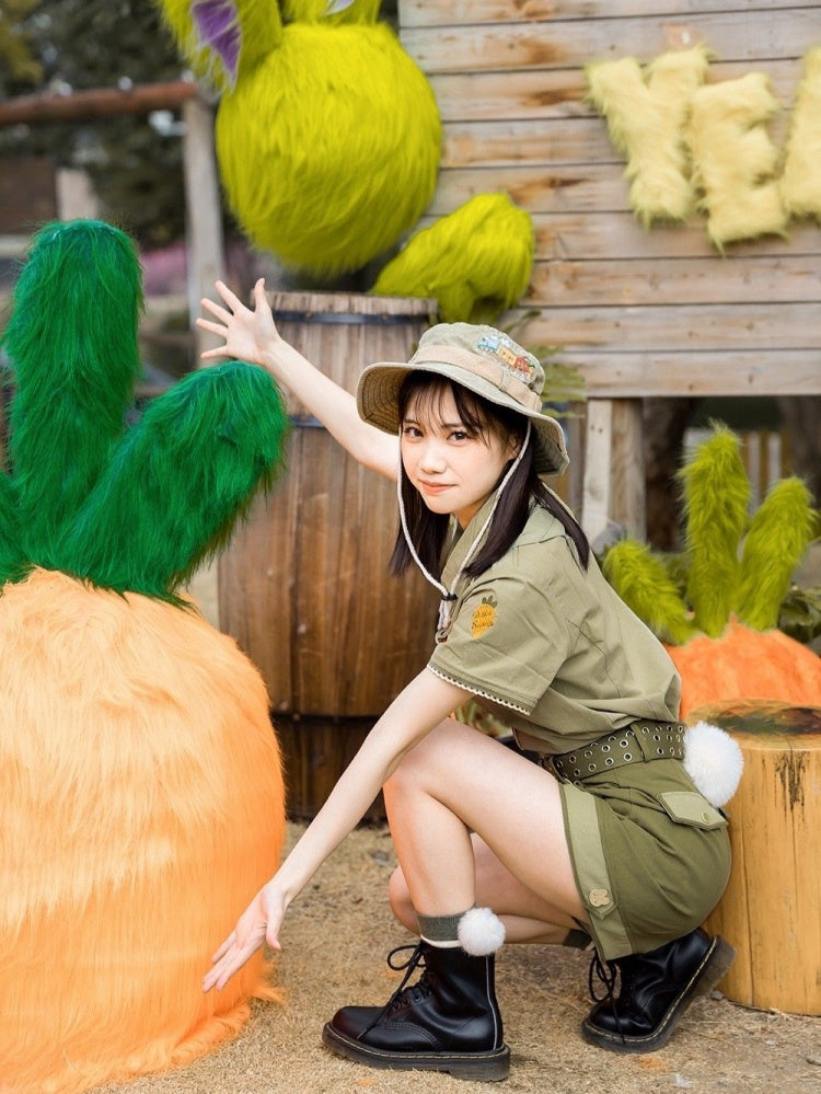 Süße Hasenknöpfe Grünes Hemd Ouji Top