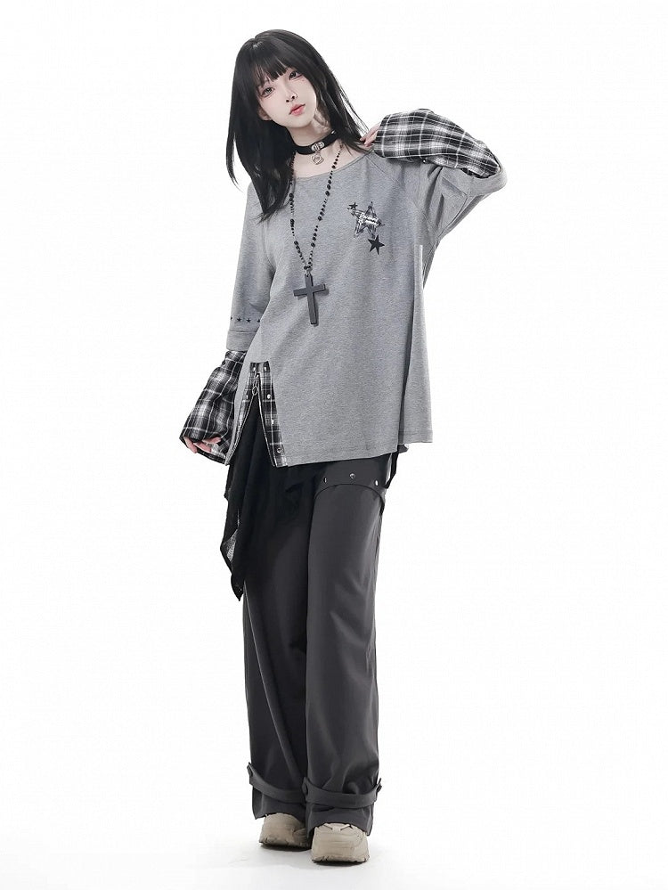 Studs with Pants Gray Metal Loose Straight-Leg