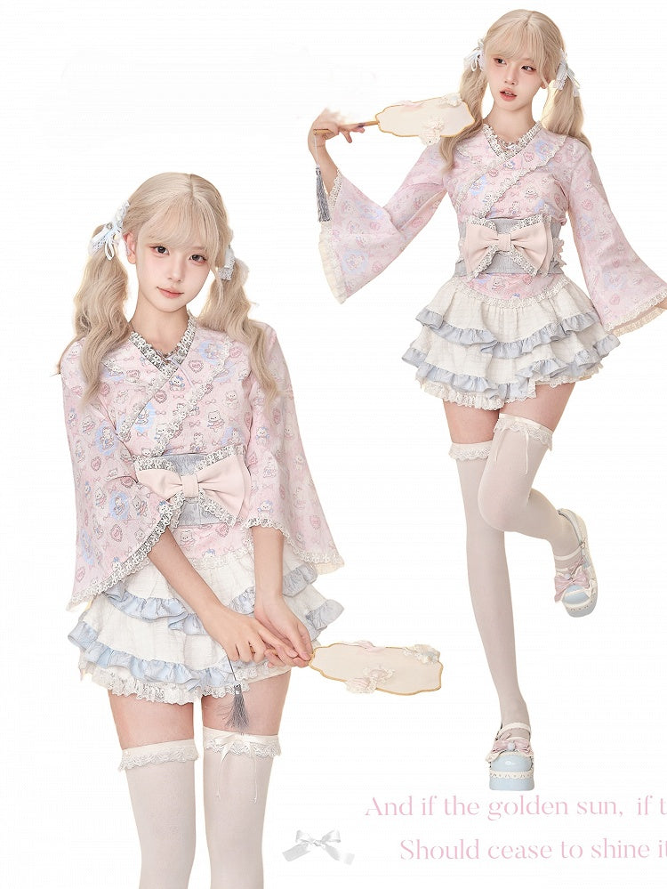 Lace-Trimmed Inspired by Pink Blue Sash Bow Traditional