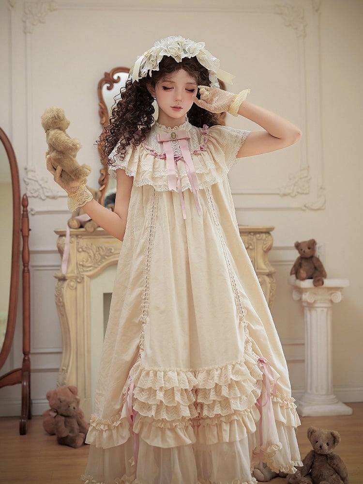 Beige Rosette Jacquard OP Dress with Ruffles - With PUJI
