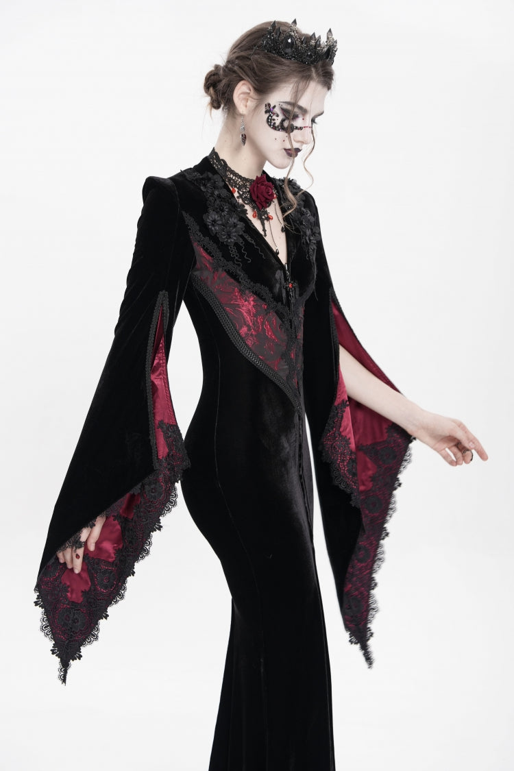 Black and Red V-Neck Long Trumpet Sleeves Floral Embroidered Velvet Gothic Dress