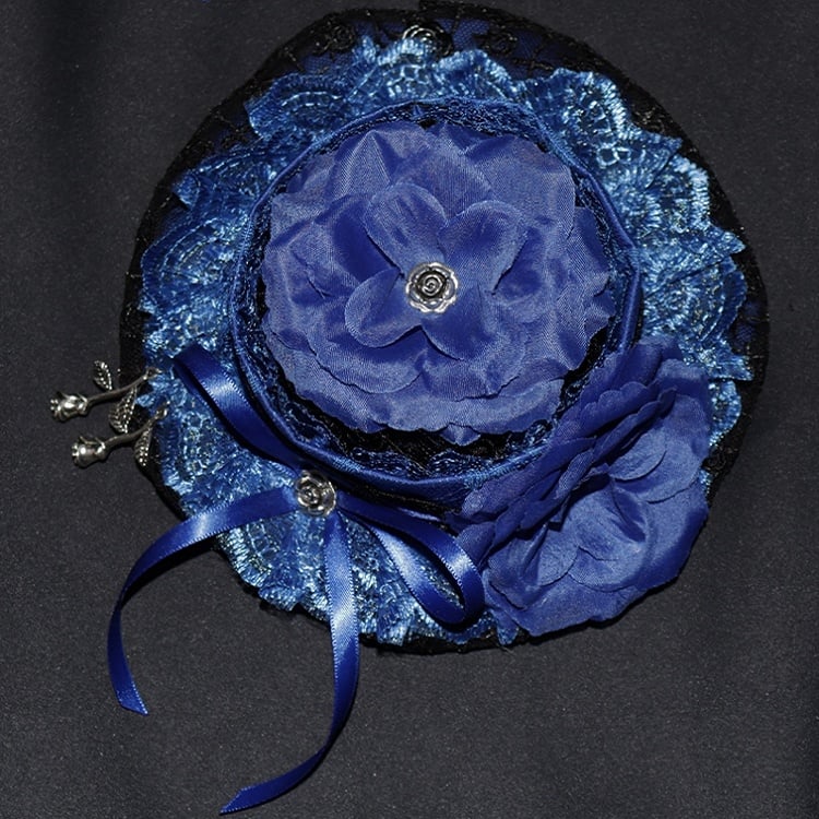 Decorated Trim Design Bowknot Lace Mini Blue Hat Floral