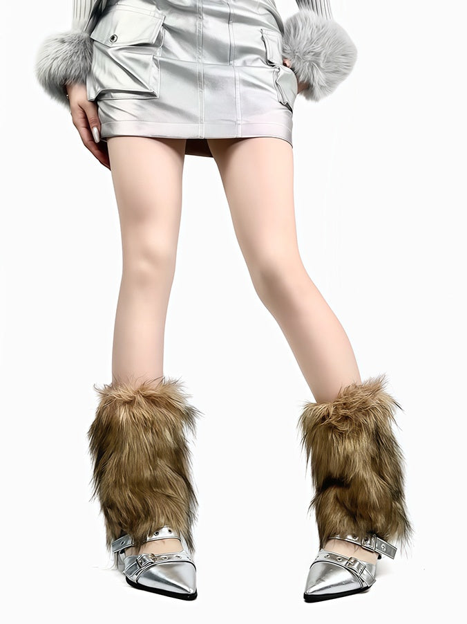 ホワイト/ブラウン Y2K シャギーレッグウォーマー