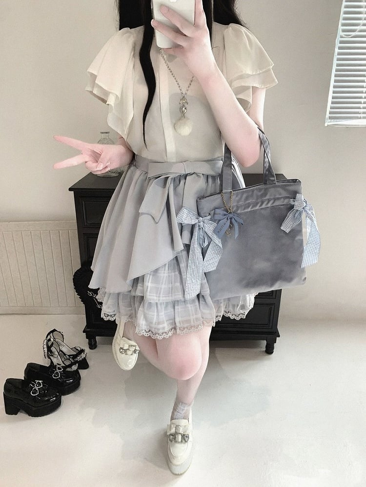 Blue/White/Black Plaid Tulle Skirt with Sash & Lace - Kitty Bxllet
