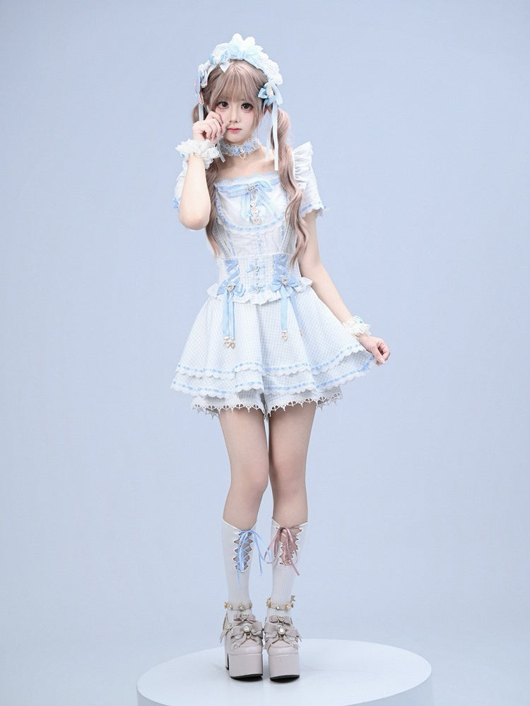 Blue Ryousangata Square Neck Short-Sleeve Cotton Blouse with Rhinestone Bow & Lace Details - Broken Bear