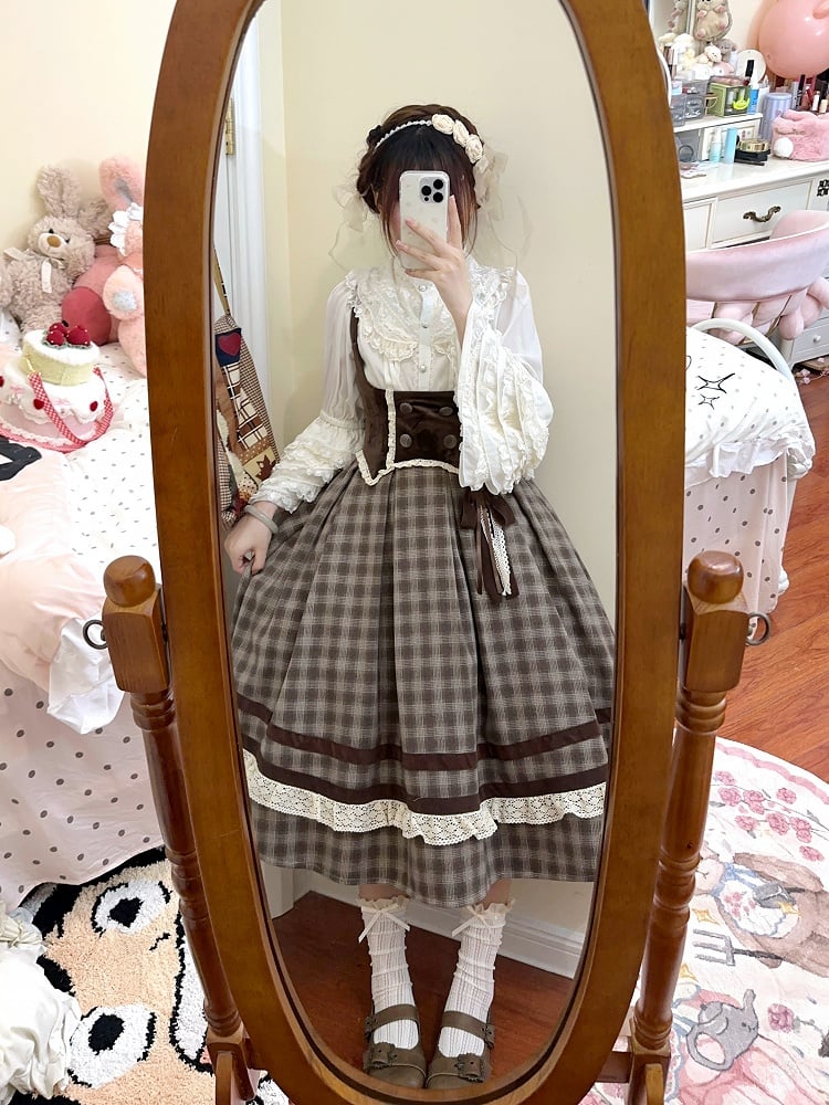 Braunes Lolita-Kleid mit Karomuster unter der Brust, Lolita-Pulloverrock