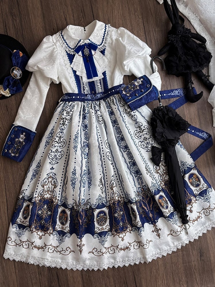 Gothic Sleeves Lolita with Bat Print Juliette Blue Dark Dress Wings White Candelabras