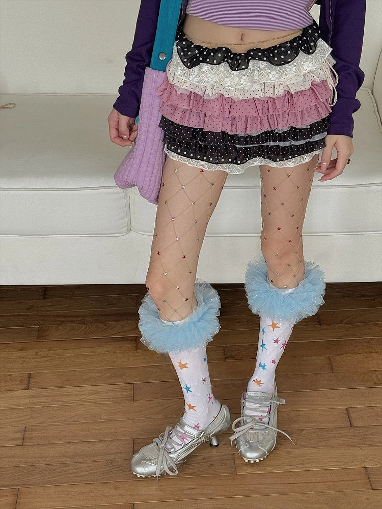 Stockings Star-Print (Y2K Ruffle Colorful Tulle Sweet Style)