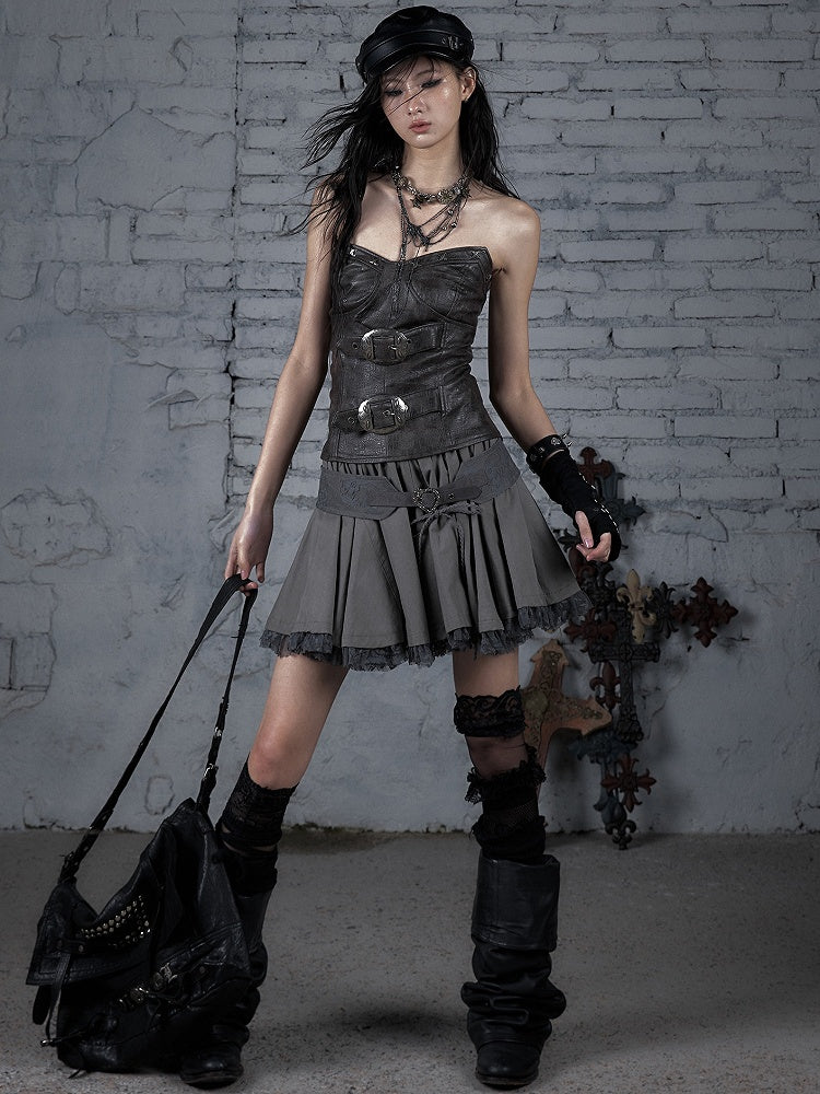 ビスチェバックル装飾パンクトップレッド/ブラウンウェイストランドPU