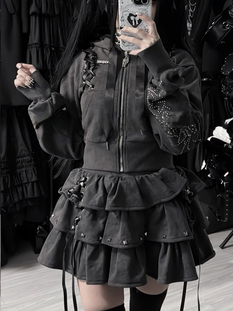 Gray Jirai Kei Stud-Decorated Hoodie Dark Lace-Up