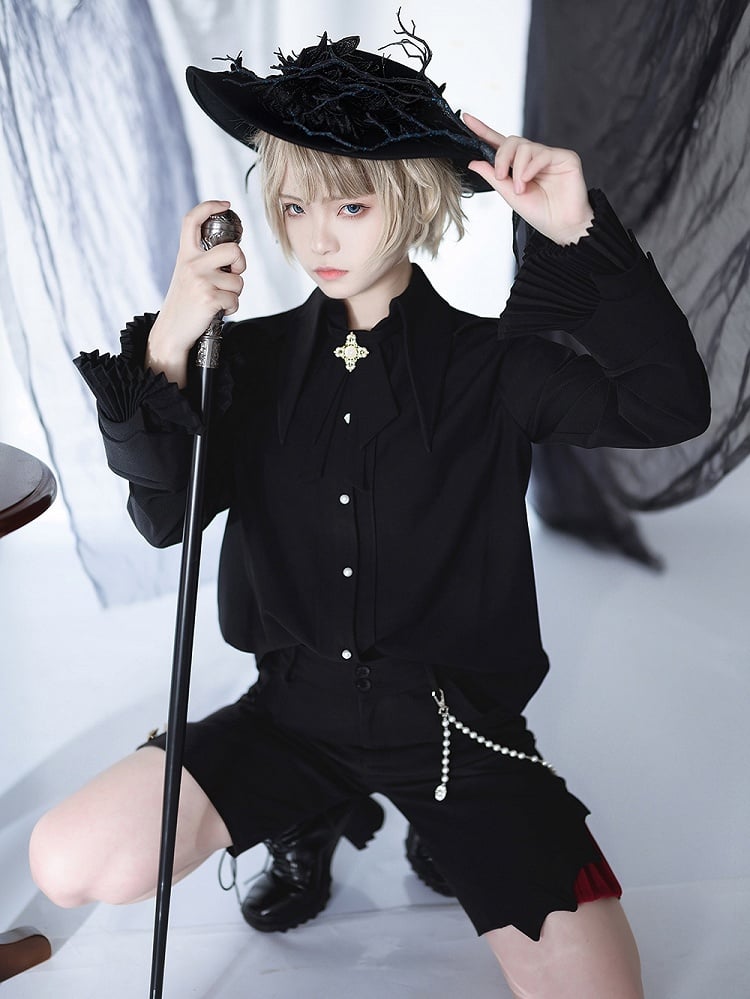 王子襟風の黒のポイントロリータ王子シャツ