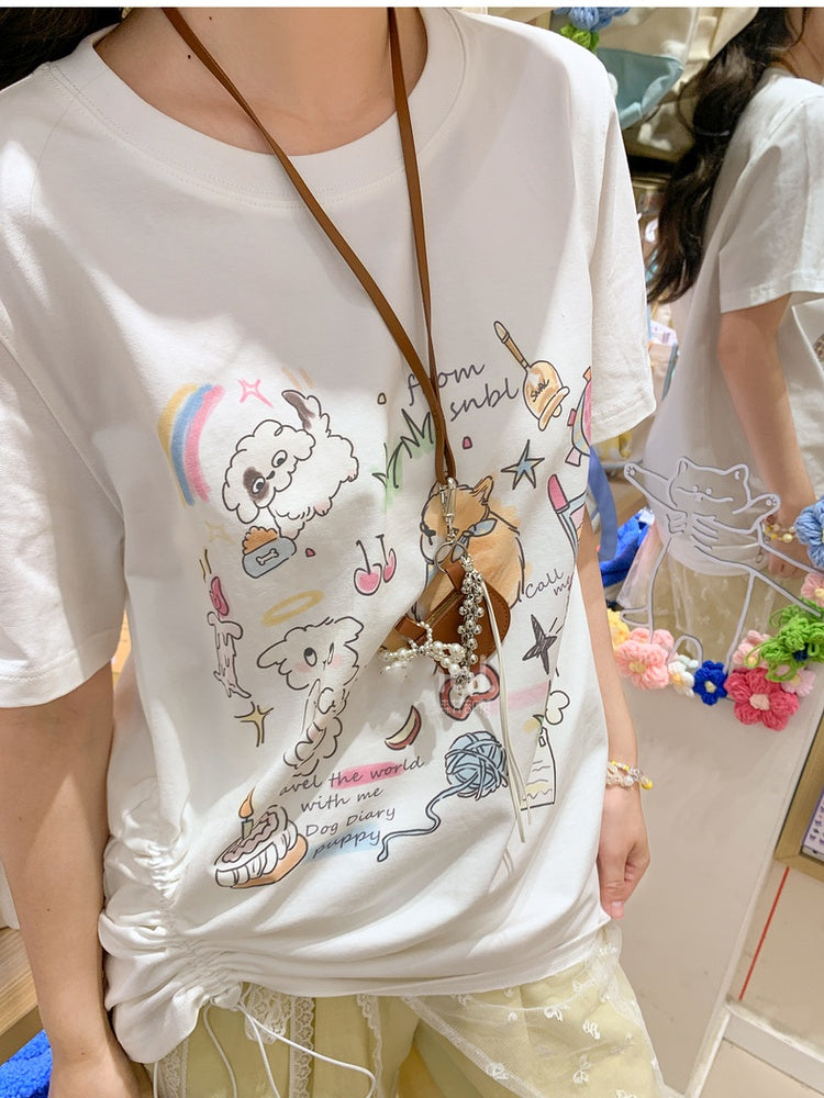 バージョンTシャツ ベージュ 愛らしいキツネプリント ロング/ショート