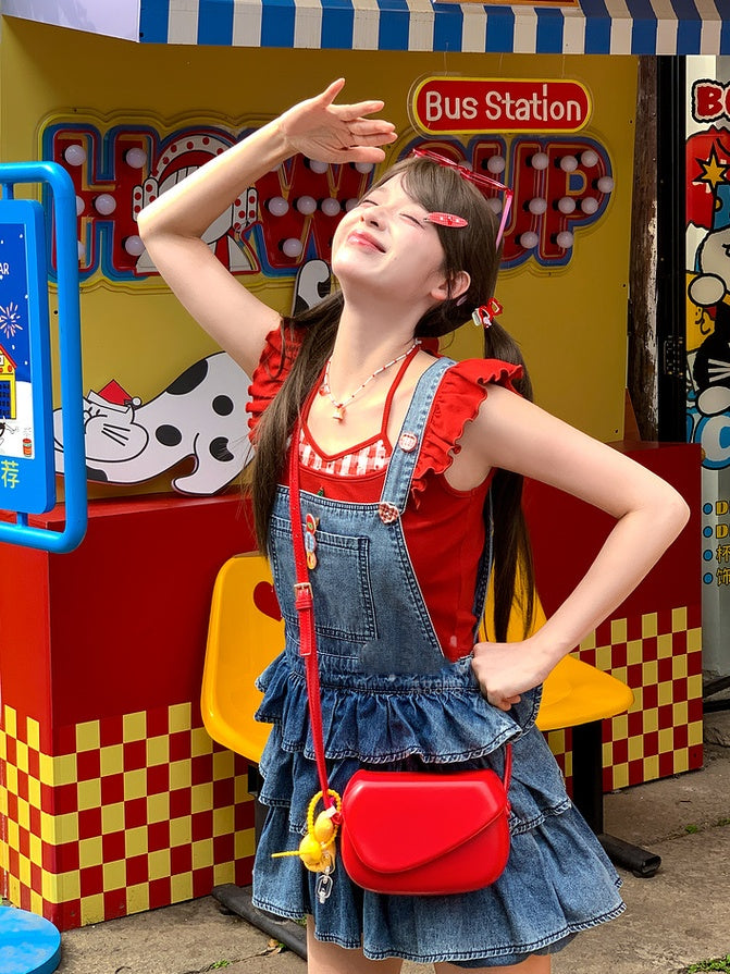 Faux Tank Top Ausschnitt Stickerei Rot Neckholder Flatterärmel Kirsche Zweiteiler