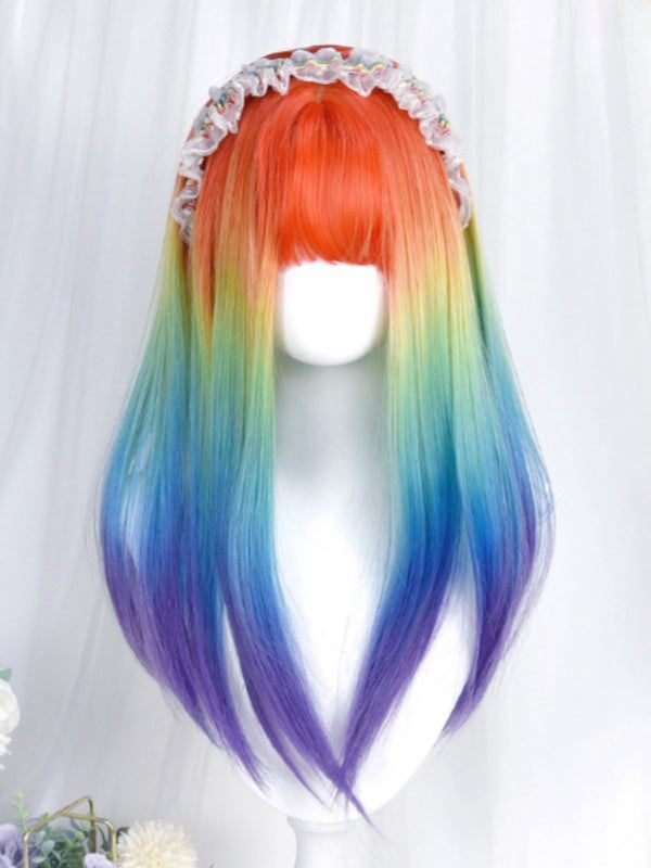 Regenbogenfarbene, glatte Unterbrustperücke mit vollem Pony