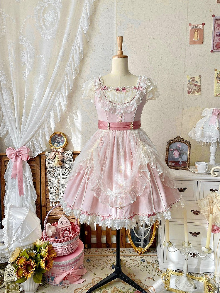 Elegant Bow and Details Version Classic with Lace Dress Short Pink Lolita