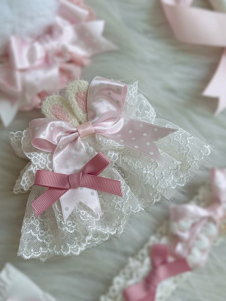Wrist Cuffs Pink Bow Pattern Lace Polka-dot