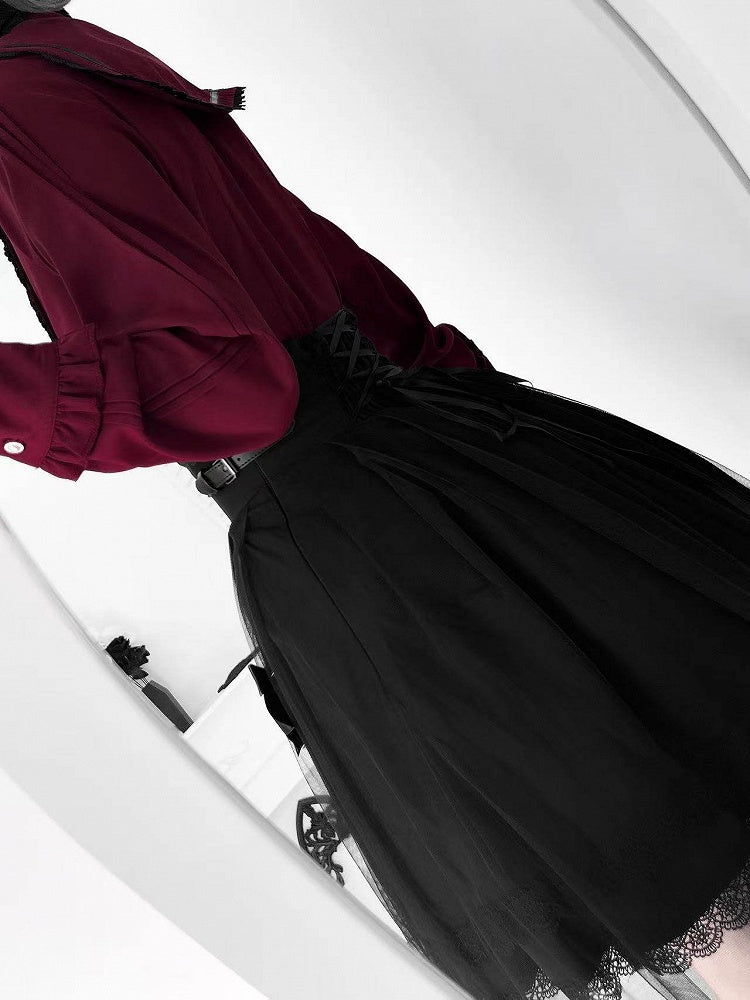 Jirai + Bow Skirt Sleeve Tulle Details Blouse Cross Lace Wine Set Kei Black with Red High-Waist Long Train Gothic