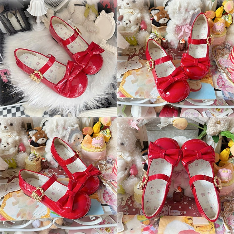 Sweet Mary with Buckle Lolita - Red Round Toe Janes Accents Bow Kitten Delicate