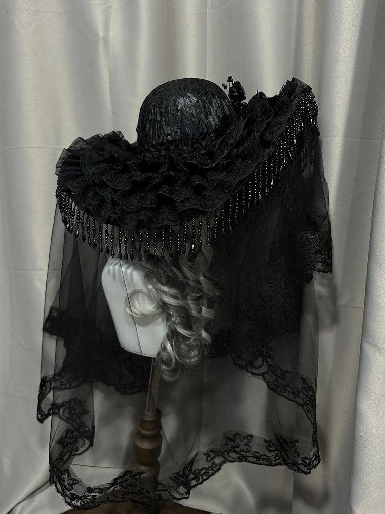 Black Gothic Lace Hat with Floral Tassel - Custom Made Earrings