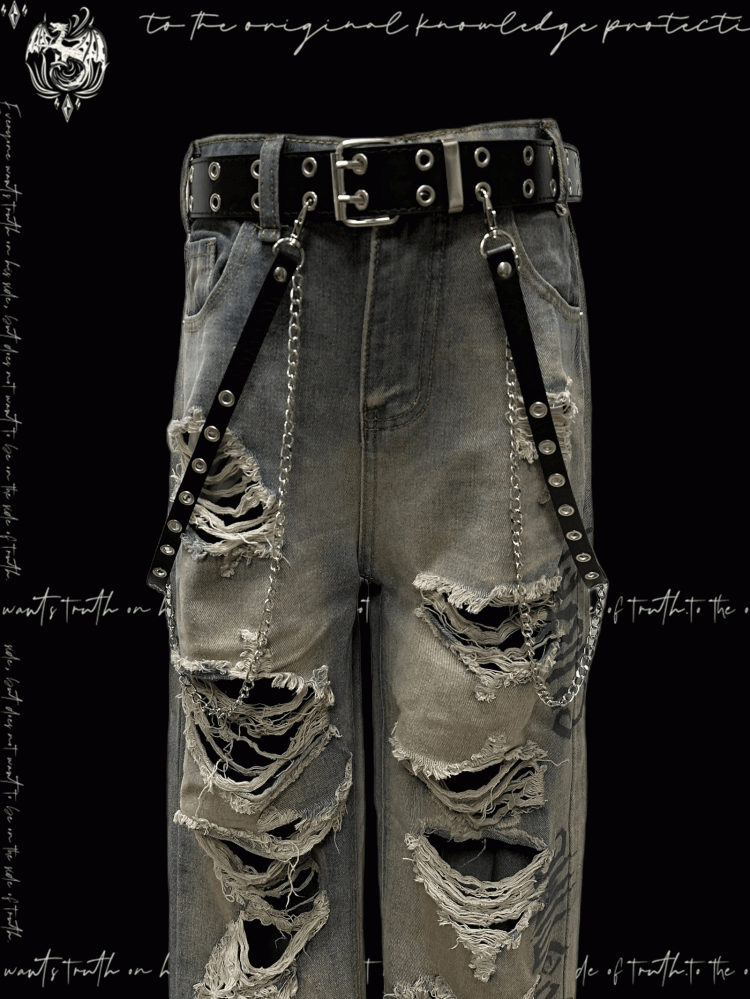 Wash Y2K Jeans Wasteland Punk Blue Faded Distressed Holes Glamorous