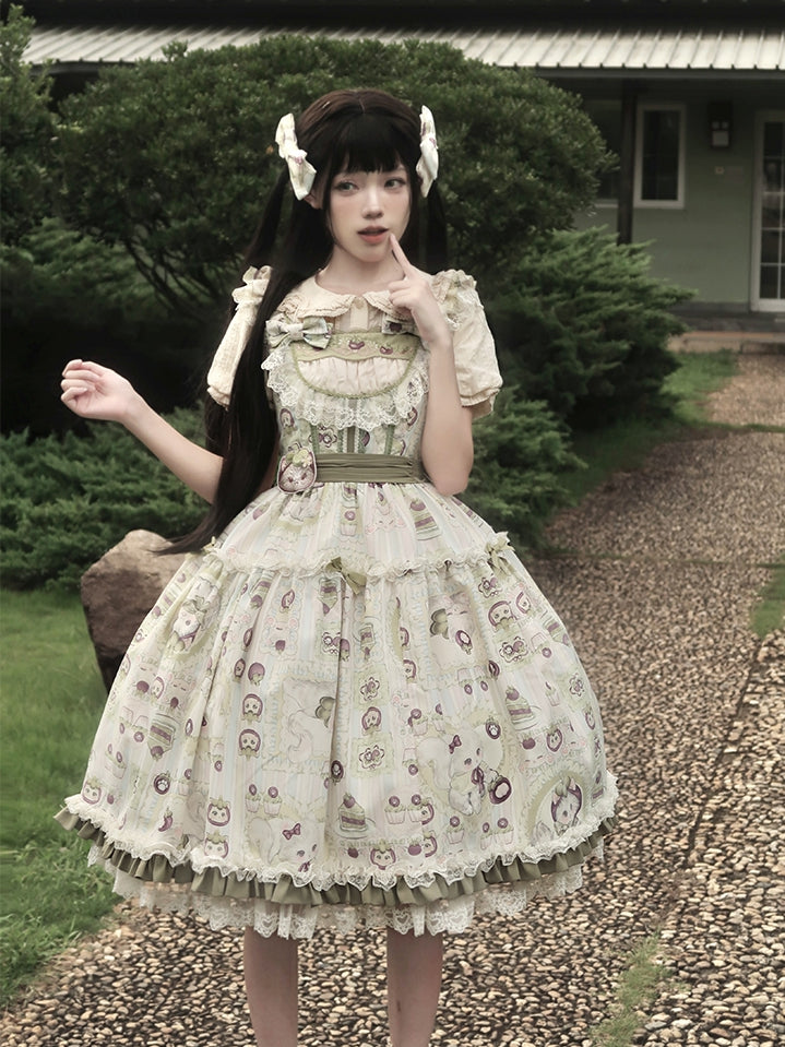 Print and Kitten Jumper Skirt Cream Mangosteen Lolita Green Sweet