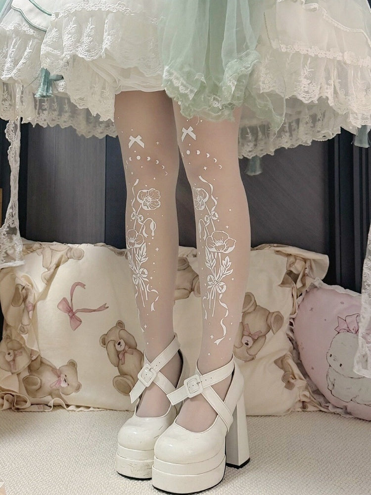 Floral Bow Print White Sheer Tights - Alcatraz Island