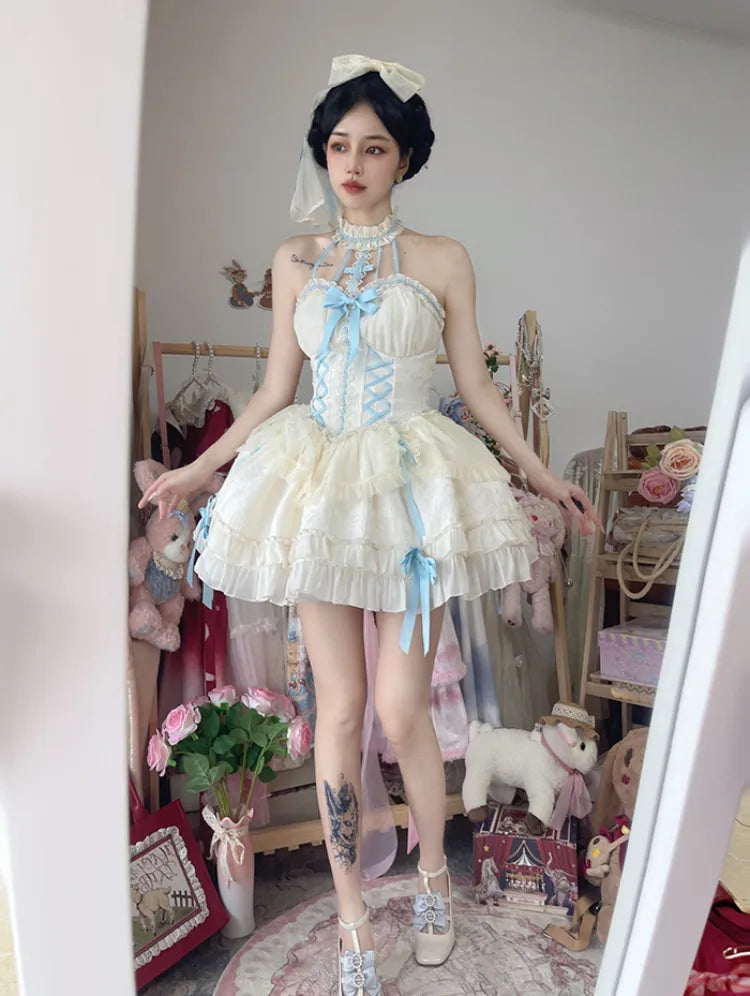 Cross Belle Beige und Blau Neckholder Korsettkleid Balletcore Lolita JSK