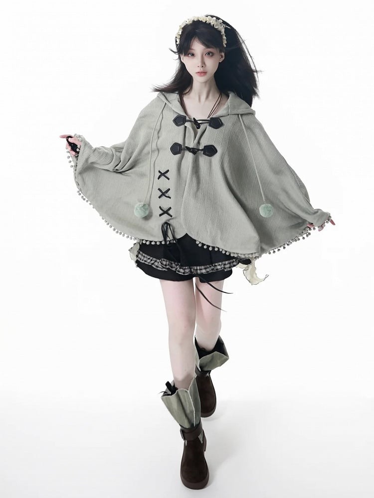 Accents Lace-Up Pom-Pom with and Kei Hooded Design Green Dusty Cape Mori